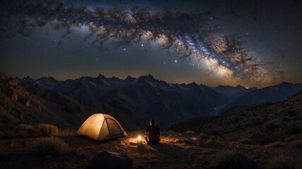 Obraz premium Camping under a starlit sky: A tranquil night in the mountains with a tent, lantern, and a breathtaking view.