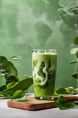 A glass of matcha latte displayed in a beautiful scenery green themed surrounder with green leaves studio quality 