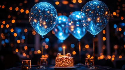 Festive birthday celebration with a glowing cake, illuminated balloons, and twinkling lights