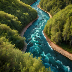 Zigzag River Flowing Through Summer Valleys Color Illustration"