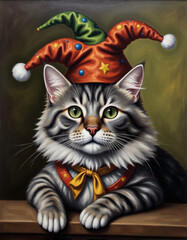 A whimsical portrait of a fluffy cat wearing a festive jester hat, embodying a playful and cheerful spirit.