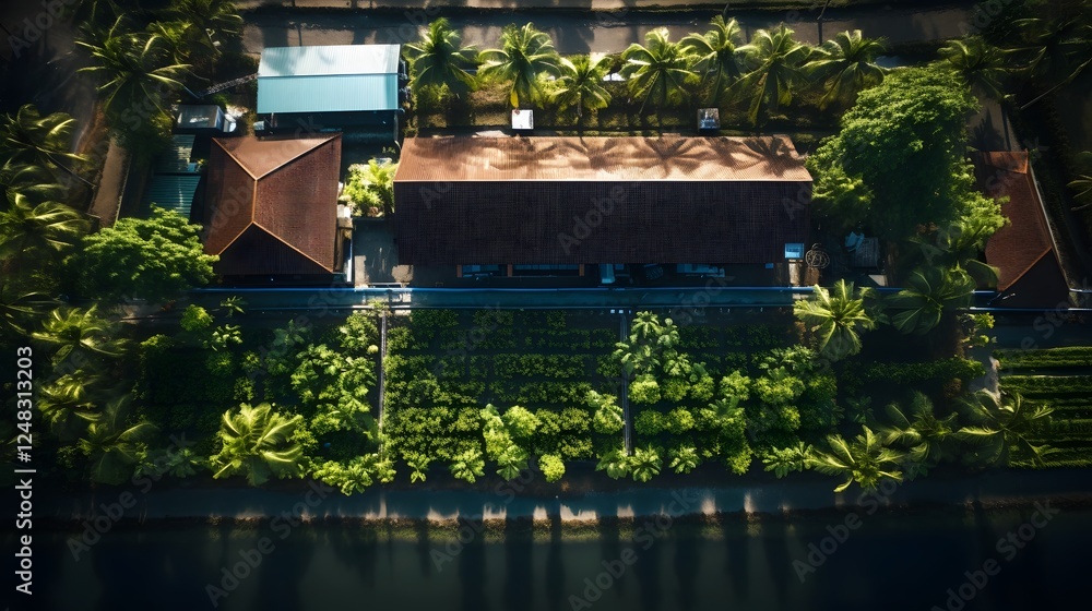Poster drone captured aerial perspective of a sophisticated farming complex featuring advanced automated ma