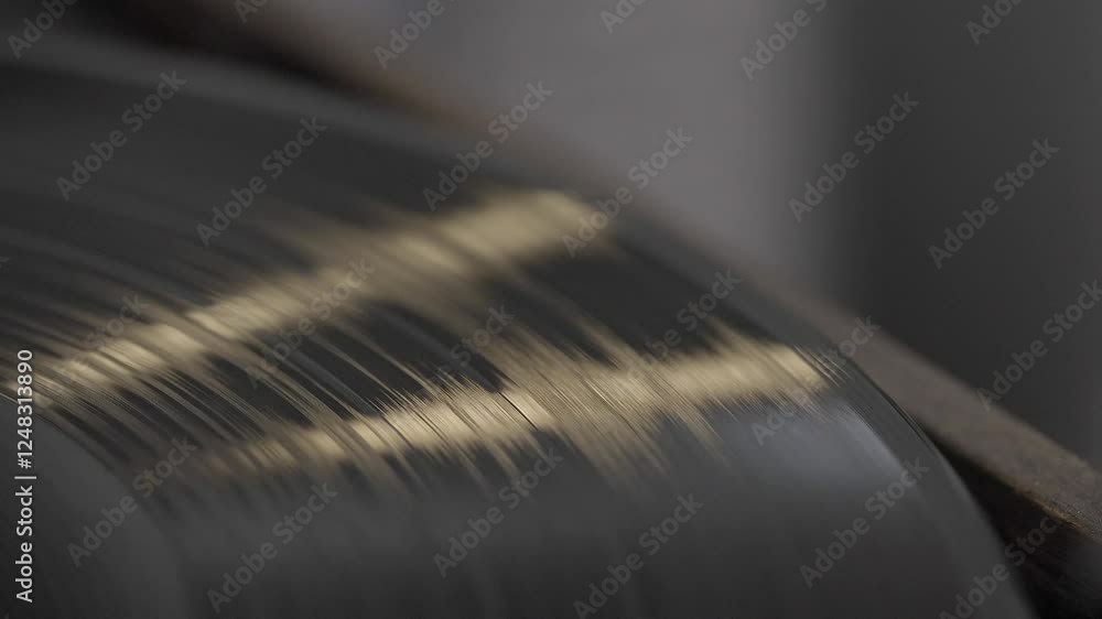 Poster close-up of a vinyl record's surface showing the grooves reflecting light as the record spins, empha