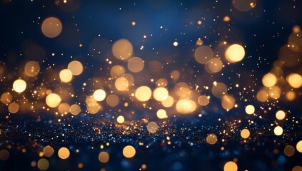 Sparkling golden and blue glitter bokeh lights.