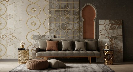Modern Living Room Design with Geometric Wallpaper and Gold Accents