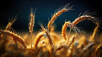 Obraz premium Golden wheat stalks sway gently in the breeze under a twilight sky, evoking harvest season