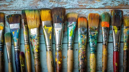 Fototapeta premium Collection of paintbrushes with colorful paint splatters on a wooden surface