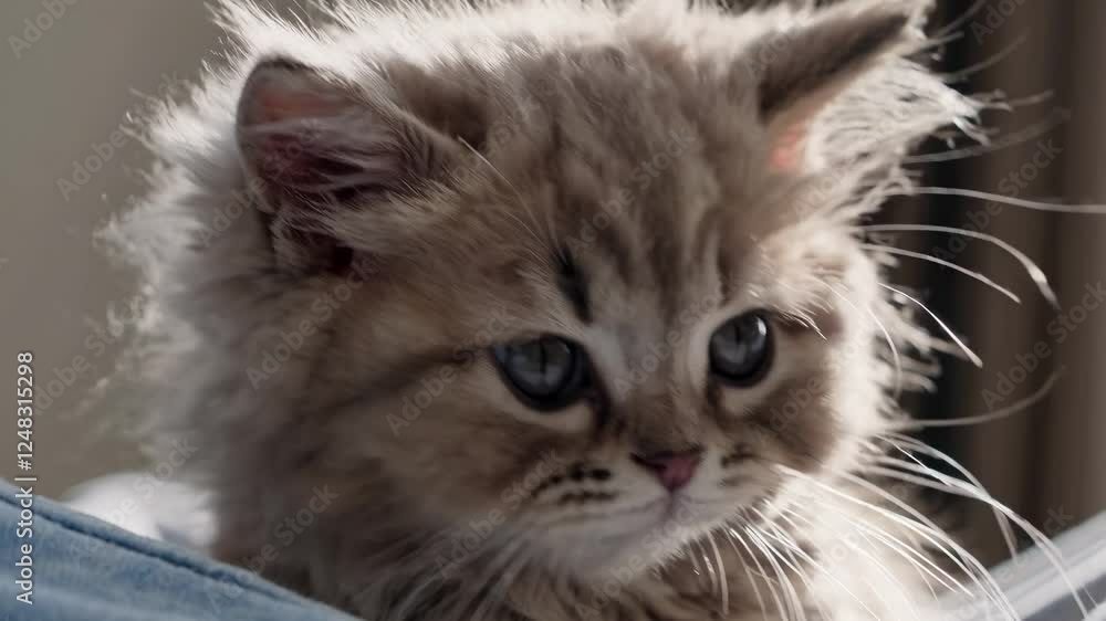 Poster the video captures a fluffy kitten in soft focus, highlighting its delicate features. the camera ang