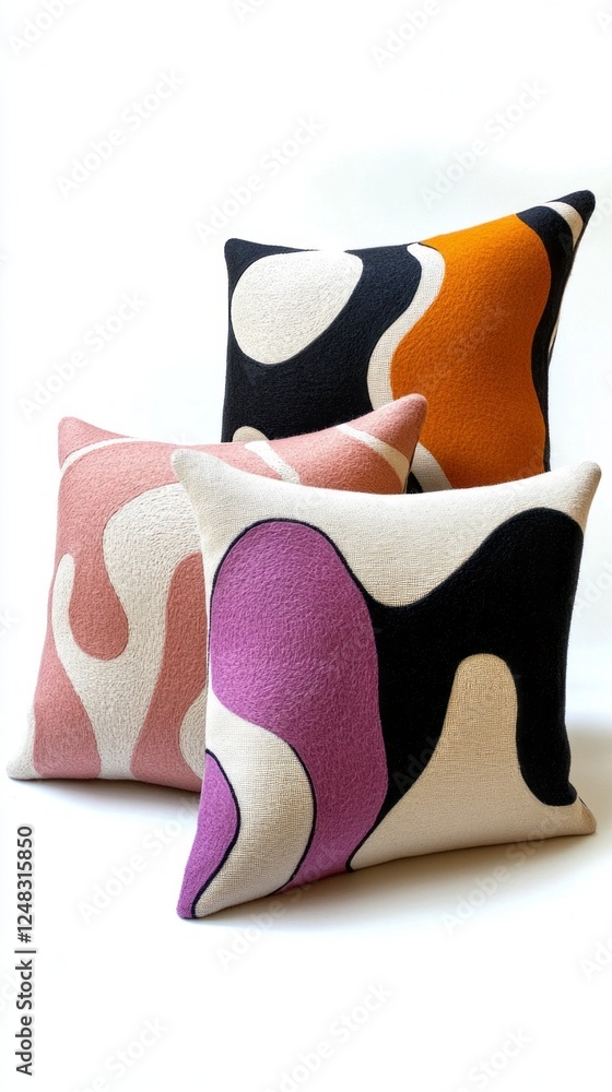 Poster a collection of large cushions in various colors and abstract shapes is displayed artistically. the 