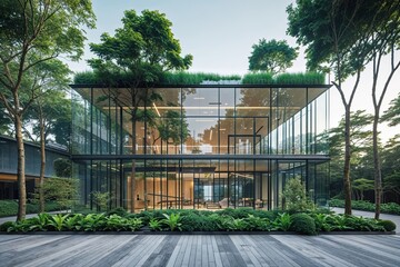 Fototapeta premium Modern Architecture Image of a Glass Building Surrounded by Green Plants and Trees for an Environmentally Friendly Business Concept