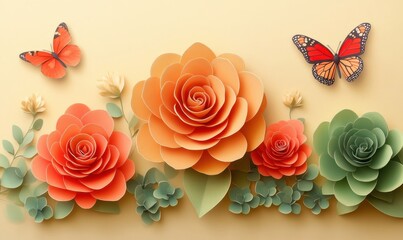 Paper flowers, butterflies, spring, pastel background, greeting card