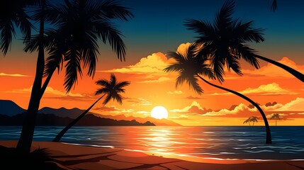 Breathtaking golden sunset over a tranquil tropical beach with swaying palm trees lining the shore  The serene and picturesque scene creates a sense of harmony and relaxation