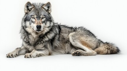 Obraz premium Majestic wolf resting on light background with intense gaze