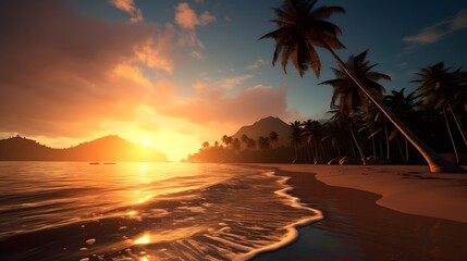 Breathtaking golden sunset casts a warm glow over a peaceful tropical beach with gracefully swaying palm trees silhouetted against the picturesque horizon