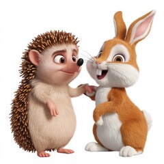Adorable hedgehog and bunny holding paws, friendship, cartoon style