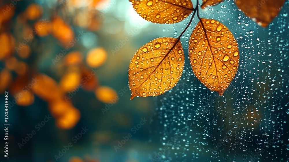 Poster soft focus raindrops on autumn window with blurred trees in background