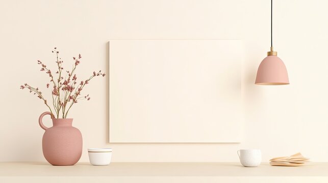 Minimalist interior design featuring a blank canvas, decorative vase, and soft lighting in a serene setting