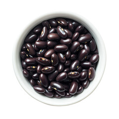 Fresh Black Beans in Round White Bowl on White Background with Reflective Surface and Rich Glossy Texture