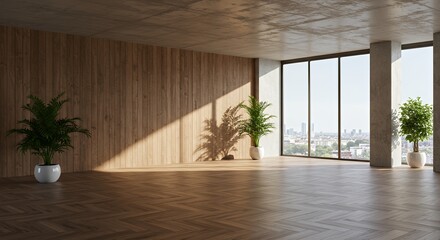 A spacious room with wooden walls, large windows, and potted plants, showcasing natural light.