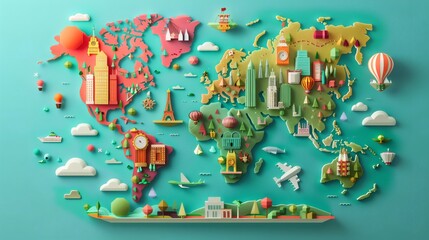 Obraz premium Colorful 3D World Map Illustration with Landmarks and Elements