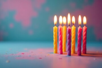 Close-up of lit birthday candles on multicolored surface , light, pattern