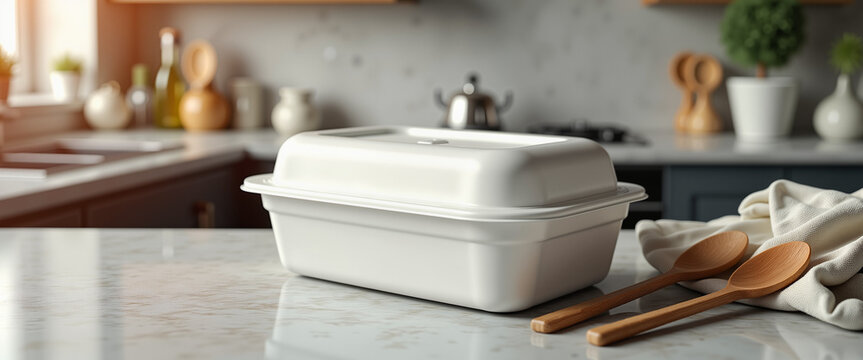 Minimalist takeout container on kitchen counter, culinary simplicity