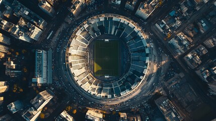 Fototapeta premium Aerial view of a circular structure surrounded by urban landscape, showcasing architectural design and vibrant city life.