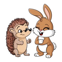 a hedgehog and a rabbit looking at each other while smiling. The hedgehog is brown with a spiky back, and the rabbit has brown fur and white tummy.  The characters are drawn in cartoon style. 