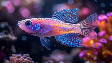 Fototapeta premium Glowing Celestial Pearl Danio Fish Illuminated in Tranquil Underwater Scene