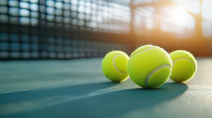 Two tennis balls on a tennis court with close-up view on court mesh background