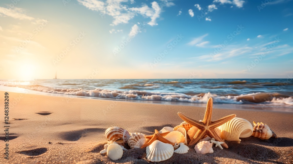 Aufkleber an array of seashells and starfish scattered across a golden sandy beach basking in the warm glow of