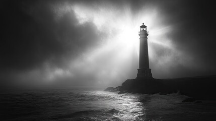 Majestic lighthouse standing tall against a stormy sky, illuminating the dark sea waves at dusk