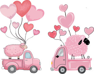 Love concept in cartoon style. Cute pink loving sheeps with hearts on white background. 