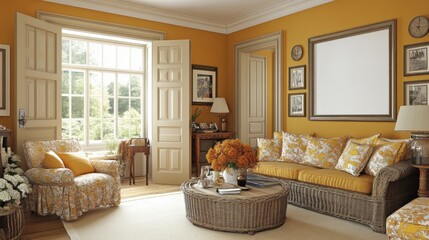 Obraz premium Cozy living room with orange walls and charming country decor