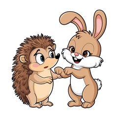 Adorable hedgehog and bunny holding hands, cartoon style illustration 