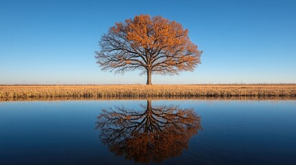 Majestic autumn tree reflecting in calm water under a clear blue sky in a serene landscape