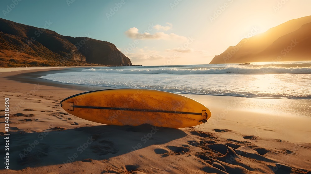 Poster serene and captivating image of a surfboard resting on the golden sand of a picturesque beach with r