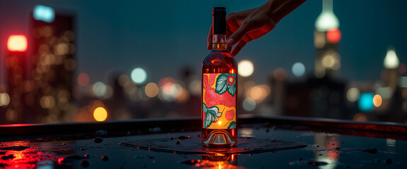Hand reaching for colorful wine bottle on urban rooftop at night, artistic feel