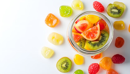 Jar with jelly fruit shaped candies on white background