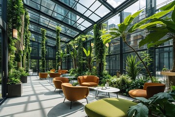 Naklejka premium Modern Glass Venue with Botanical Elements for Sustainable Business Solutions