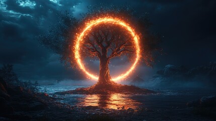 Enchanted tree illuminated by a glowing ring, surrounded by a mystical landscape at twilight