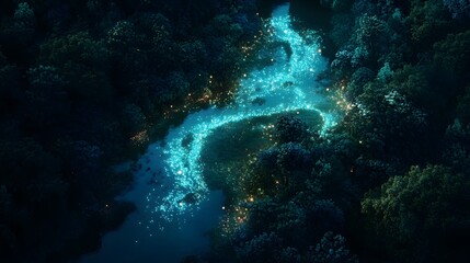 Glowing turquoise wave, vibrant luminous water flow creating mesmerizing patterns in dark underwater scene, perfect for aquatic themes.