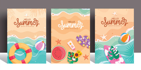 Hello summer greeting clipart poster set. Summer text with tropical elements clip art collection in colorful beach abstract background for vacation trip vector illustration.  © Zeinous
