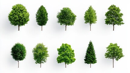 Set of vibrant green trees isolated on a white background for design and creative projects