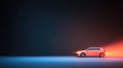 A sleek red car driving on a smooth surface with dynamic lighting effects in a dark environment