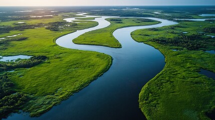 Aerial view of a winding river surrounded by lush green landscapes under a clear sky