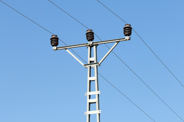 A power pole on a electric transmission line in rural area