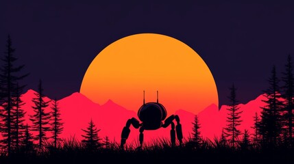 Obraz premium Silhouetted robot walker against a sunset creating a bold and futuristic atmosphere The landscape features trees grass and mountains