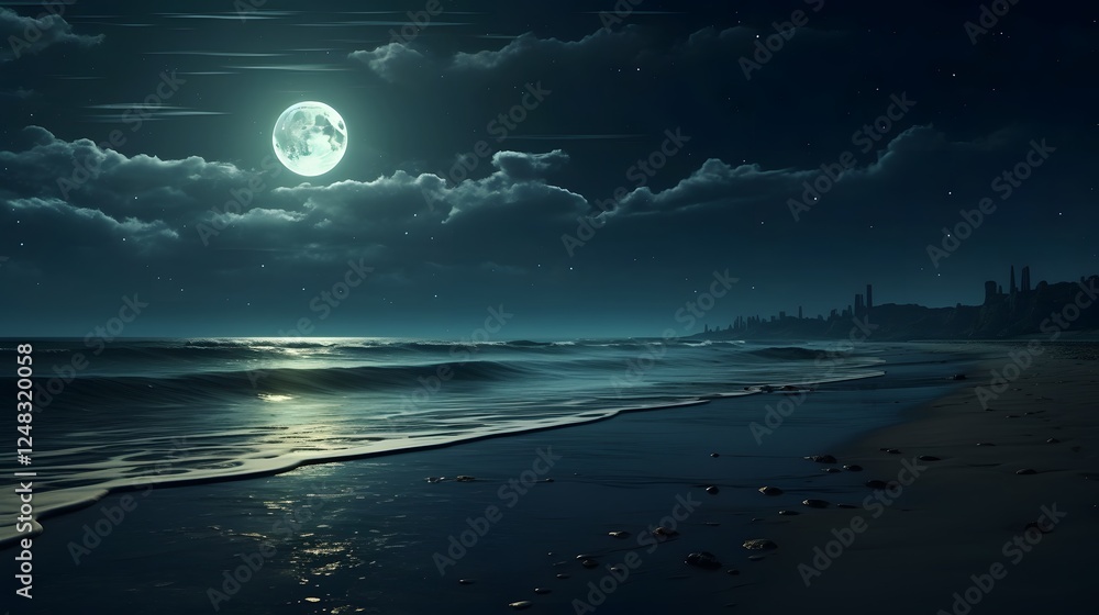 Aufkleber serene moonlit beach scene with soft waves gently lapping the shore and mirroring the tranquil starr
