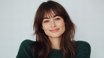 Fototapeta premium Smiling young woman in a green sweater with glowing skin, isolated on a soft blue background, perfect for beauty and lifestyle concepts.